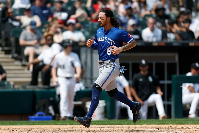 Jun 8, 2025; Chicago, Illinois, USA; Kansas City Royals second baseman Jonathan India (6) scores against the Chicago White Sox during the seventh inning at Rate Field. Mandatory Credit: Kamil Krzaczynski-Imagn Images