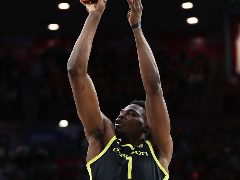 Feb 2, 2023; Tucson, Arizona, USA;Oregon Ducks center N'Faly Dante (1) makes a basket in the first half against the Arizona Wildcats at McKale Center. Mandatory Credit: Zachary BonDurant-USA TODAY Sports