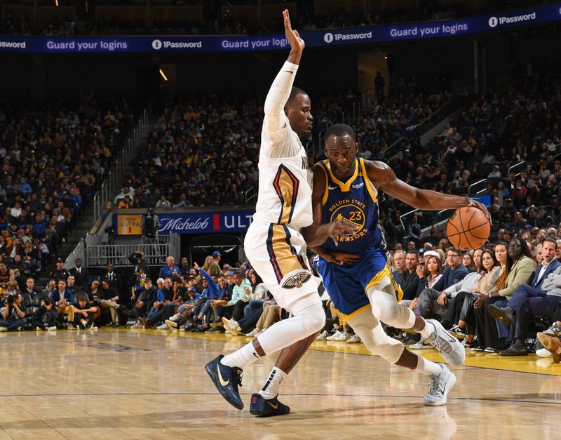 SAN FRANCISCO, CA - OCTOBER 30: Draymond Green #23 of the Golden State Warriors dribbles the ball during the game against the New Orleans Pelicans on October 30, 2024 at Chase Center in San Francisco, California. NOTE TO USER: User expressly acknowledges and agrees that, by downloading and or using this photograph, user is consenting to the terms and conditions of Getty Images License Agreement. Mandatory Copyright Notice: Copyright 2024 NBAE (Photo by Noah Graham/NBAE via Getty Images)