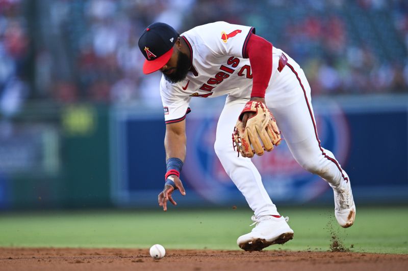 Jul 27, 2024; Anaheim, California, USA; Los Angeles Angels second baseman Luis Rengifo (2) fields a ball against the Oakland Athletics during the second inning at Angel Stadium. Mandatory Credit: Jonathan Hui-USA TODAY Sports