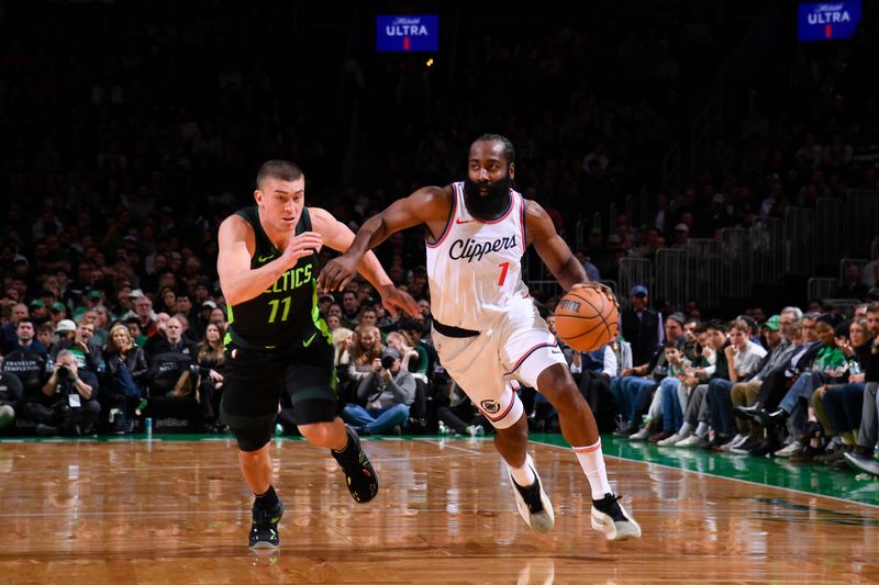 BOSTON, MA - NOVEMBER 25: James Harden #1 of the LA Clippers handles the ball during the game against the Boston Celtics on November 25, 2024 at TD Garden in Boston, Massachusetts. NOTE TO USER: User expressly acknowledges and agrees that, by downloading and/or using this Photograph, user is consenting to the terms and conditions of the Getty Images License Agreement. Mandatory Copyright Notice: Copyright 2024 NBAE (Photo by Brian Babineau/NBAE via Getty Images)