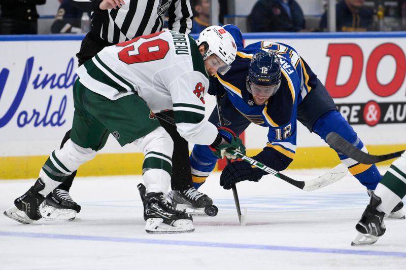 Oct 15, 2024; St. Louis, Missouri, USA; St. Louis Blues center Radek Faksa (12) takes the face-off against Minnesota Wild center Frederick Gaudreau (89) during the second period at Enterprise Center. Mandatory Credit: Jeff Le-Imagn Images