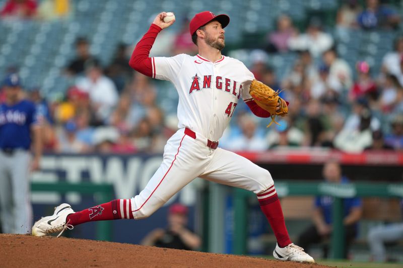 Jul 10, 2024; Anaheim, California, USA; Los Angeles Angels starting pitcher Griffin Canning (47) throws in the first inning against the Texas Rangers at Angel Stadium. Mandatory Credit: Kirby Lee-USA TODAY Sports