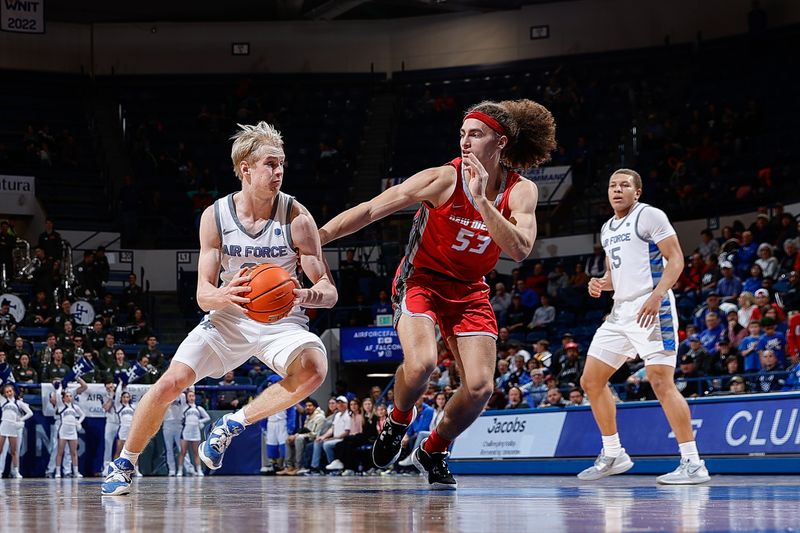 Feb 10, 2023; Colorado Springs, Colorado, USA; Air Force Falcons forward Rytis Petraitis (31) controls the ball as New Mexico Lobos forward Josiah Allick (53) guards in the second half at Clune Arena. Mandatory Credit: Isaiah J. Downing-USA TODAY Sports