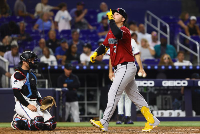 Aug 19, 2024; Miami, Florida, USA; Arizona Diamondbacks designated hitter Joc Pederson (3) scores after hitting a solo home run against the Miami Marlins during the fifth inning at loanDepot Park. Mandatory Credit: Sam Navarro-USA TODAY Sports