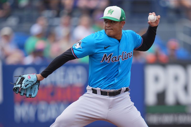 Mar 17, 2024; Port St. Lucie, Florida, USA;  Miami Marlins pitcher Luis Palacios (36) pitches in the first inning against the New York Mets at Clover Park. Mandatory Credit: Jim Rassol-USA TODAY Sports