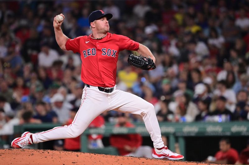 Jun 28, 2024; Boston, Massachusetts, USA; Boston Red Sox pitcher Chase Anderson (48) pitches against the San Diego Padres during the seventh inning at Fenway Park. Mandatory Credit: Eric Canha-USA TODAY Sports