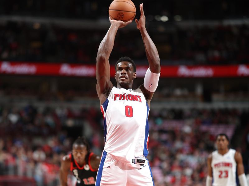CHICAGO, IL -FEBRUARY 27: Jalen Duren #0 of the Detroit Pistons shoots a free throw during the game against the Chicago Bulls on February 27, 2024 at United Center in Chicago, Illinois. NOTE TO USER: User expressly acknowledges and agrees that, by downloading and or using this photograph, User is consenting to the terms and conditions of the Getty Images License Agreement. Mandatory Copyright Notice: Copyright 2024 NBAE (Photo by Jeff Haynes/NBAE via Getty Images)