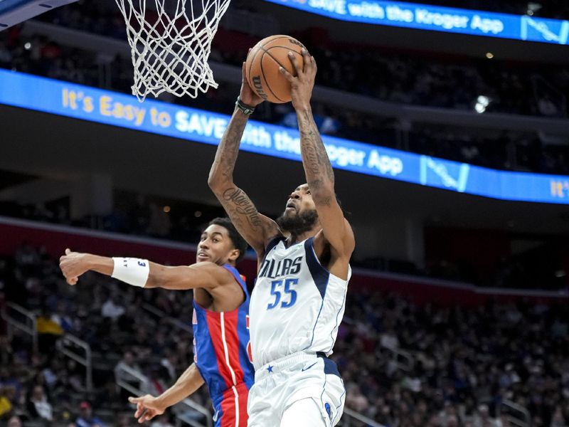 DETROIT, MICHIGAN - MARCH 09: Derrick Jones Jr. #55 of the Dallas Mavericks shoots the ball against Jaden Ivey #23 of the Detroit Pistons during the second quarter at Little Caesars Arena on March 09, 2024 in Detroit, Michigan. NOTE TO USER: User expressly acknowledges and agrees that, by downloading and or using this photograph, User is consenting to the terms and conditions of the Getty Images License Agreement. (Photo by Nic Antaya/Getty Images)