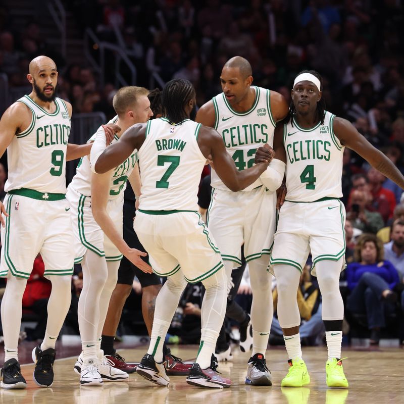 CLEVELAND, OH - MARCH 5: The Boston Celtics huddle up during the game against the Cleveland Cavaliers on March 5, 2024 at Rocket Mortgage FieldHouse in Cleveland, Ohio. NOTE TO USER: User expressly acknowledges and agrees that, by downloading and/or using this Photograph, user is consenting to the terms and conditions of the Getty Images License Agreement. Mandatory Copyright Notice: Copyright 2024 NBAE (Photo by Lauren Leigh Bacho<p><br/></p>/NBAE via Getty Images)