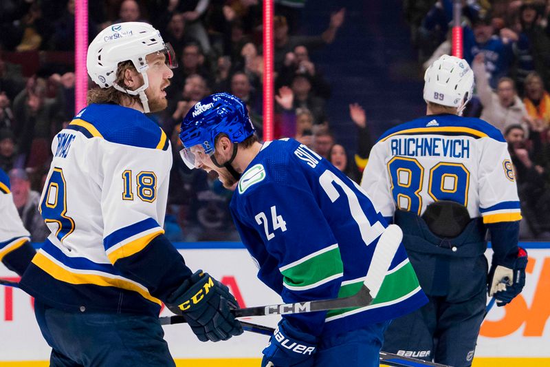 Jan 24, 2024; Vancouver, British Columbia, CAN; St. Louis Blues forward Robert Thomas (18) reacts after Vancouver Canucks forward Pius Suter (24) scored his second goal of the game in the third period at Rogers Arena. Blues 4-3 in overtime. Mandatory Credit: Bob Frid-USA TODAY Sports