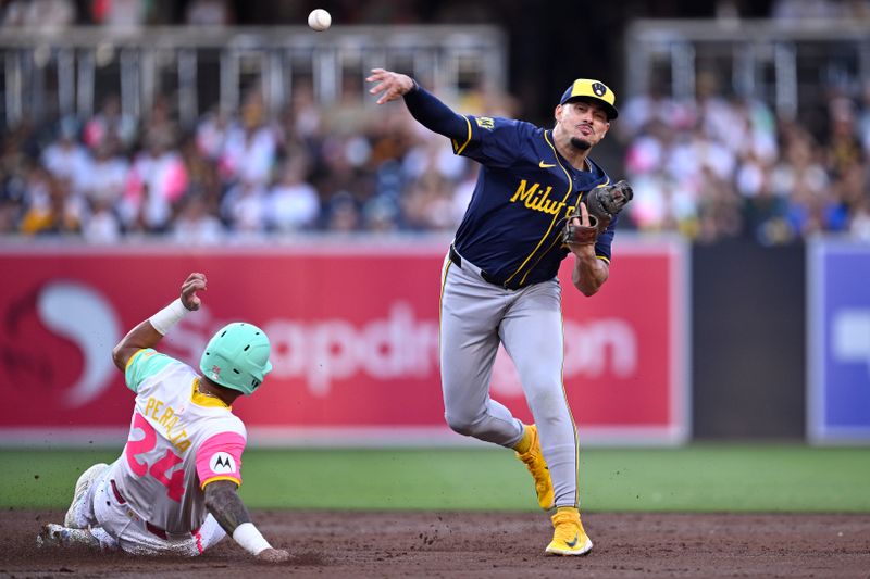 Jun 21, 2024; San Diego, California, USA; Milwaukee Brewers shortstop Willy Adames (27) throws to first base after forcing out San Diego Padres designated hitter David Peralta (24) at second base to complete a double play during the second inning at Petco Park. Mandatory Credit: Orlando Ramirez-USA TODAY Sports