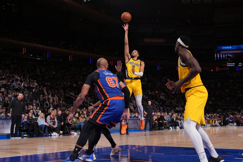 NEW YORK, NY - FEBRUARY 10: Tyrese Haliburton #0 of the Indiana Pacers shoots the ball during the game against the New York Knicks on February 10, 2024 at Madison Square Garden in New York City, New York.  NOTE TO USER: User expressly acknowledges and agrees that, by downloading and or using this photograph, User is consenting to the terms and conditions of the Getty Images License Agreement. Mandatory Copyright Notice: Copyright 2024 NBAE  (Photo by Jesse D. Garrabrant/NBAE via Getty Images)