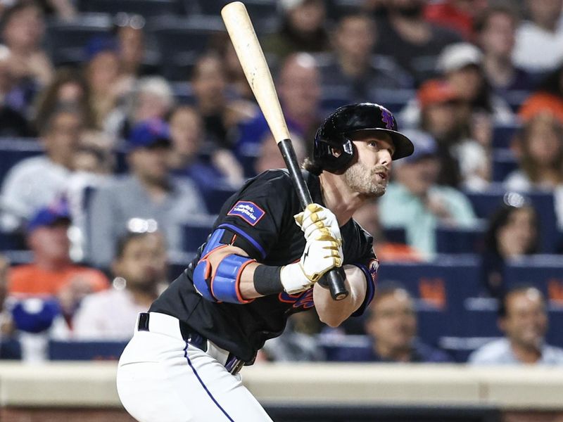 Jun 28, 2024; New York City, New York, USA;  New York Mets second baseman Jeff McNeil (1) hits a three-run home run in the sixth inning against the Houston Astros at Citi Field. Mandatory Credit: Wendell Cruz-USA TODAY Sports