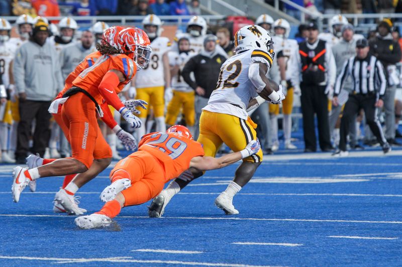 Oct 28, 2023; Boise, Idaho, USA; Wyoming Cowboys quarterback Jayden Clemons (12) in action during the second half against the Boise State Broncos at Albertsons Stadium. Mandatory Credit: Brian Losness-USA TODAY Sports