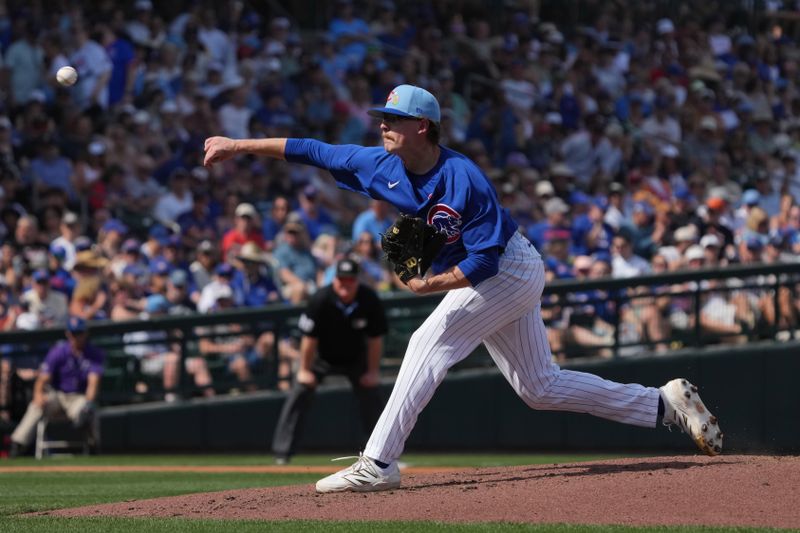 Mar 1, 2026; Mesa, Arizona, USA; Chicago Cubs pitcher Corbin Martin (38) throws against the Chicago White Sox in the third inning at Sloan Park. Mandatory Credit: Rick Scuteri-Imagn Images