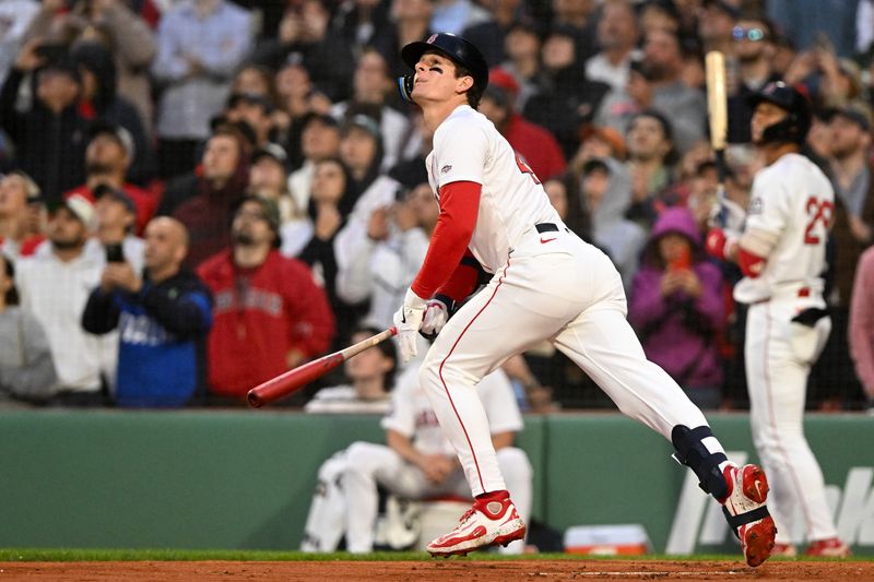 Jun 9, 2025; Boston, Massachusetts, USA; Boston Red Sox right fielder Roman Anthony (48) hits a fly out to left field during the second inning of a game against the Tampa Bay Rays at Fenway Park. Mandatory Credit: Brian Fluharty-Imagn Images