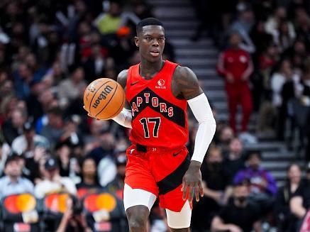 TORONTO, ON - DECEMBER 6: Dennis Schroder #17 of the Toronto Raptors dribbles against the Miami Heat during the second half of their basketball game at the Scotiabank Arena on December 6, 2023 in Toronto, Ontario, Canada. NOTE TO USER: User expressly acknowledges and agrees that, by downloading and/or using this Photograph, user is consenting to the terms and conditions of the Getty Images License Agreement. (Photo by Mark Blinch/Getty Images)