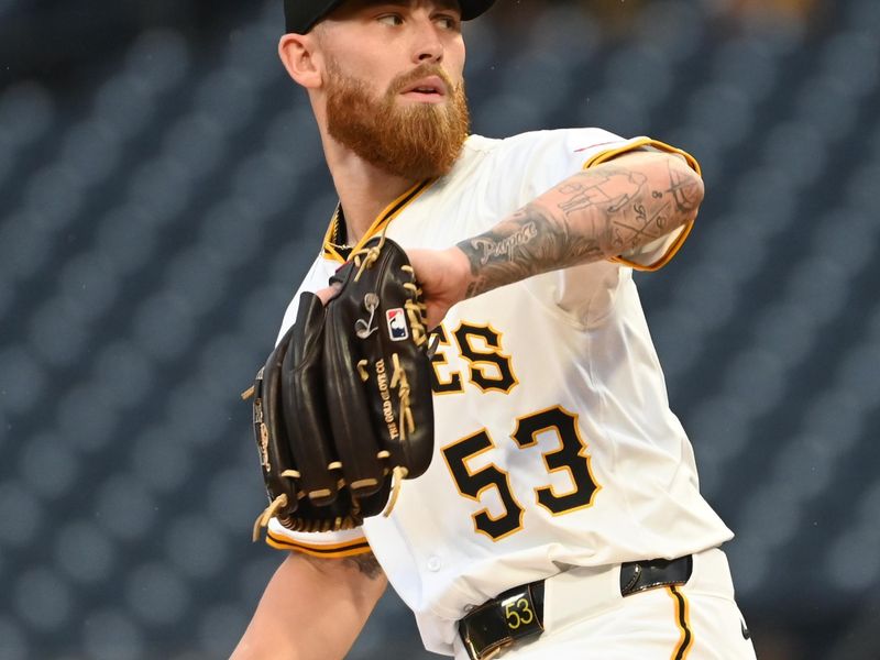 Jun 9, 2025; Pittsburgh, Pennsylvania, USA;  Pittsburgh Pirates starting pitcher Mike Burrows (53) throws a pitch against the Miami Marlins during the first inning at PNC Park. Mandatory Credit: Philip G. Pavely-Imagn Images