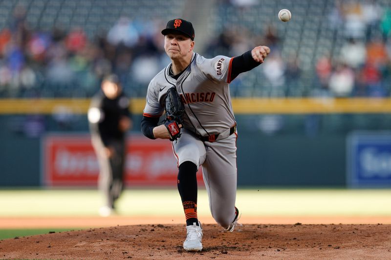 May 7, 2024; Denver, Colorado, USA; San Francisco Giants starting pitcher Kyle Harrison (45) pitches in the first inning against the Colorado Rockies at Coors Field. Mandatory Credit: Isaiah J. Downing-USA TODAY Sports