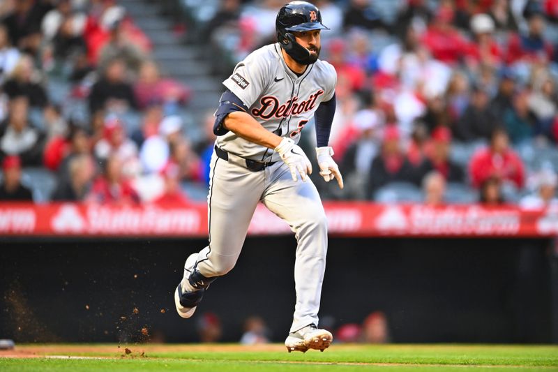 May 3, 2025; Anaheim, California, USA; Detroit Tigers outfielder Riley Greene (31) singles against the Los Angeles Angels during the second inning at Angel Stadium. Mandatory Credit: Jonathan Hui-Imagn Images