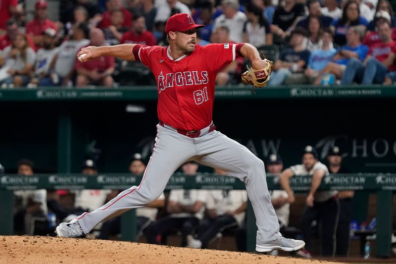 Sep 6, 2024; Arlington, Texas, USA; Los Angeles Angels pitcher Hunter Strickland (61) throws to the plate during the seventh inning against the Texas Rangers at Globe Life Field. Mandatory Credit: Raymond Carlin III-Imagn Images