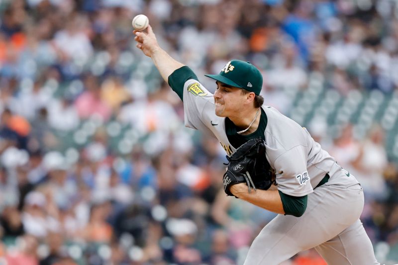 Jun 26, 2025; Detroit, Michigan, USA;  Athletics pitcher J.T. Ginn (70) pitches in the sixth inning against the Detroit Tigers at Comerica Park. Mandatory Credit: Rick Osentoski-Imagn Images