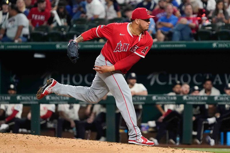 Sep 6, 2024; Arlington, Texas, USA; Los Angeles Angels pitcher José Quijada (65) follows through on a pitch during the ninth inning against the Texas Rangers at Globe Life Field. Mandatory Credit: Raymond Carlin III-Imagn Images