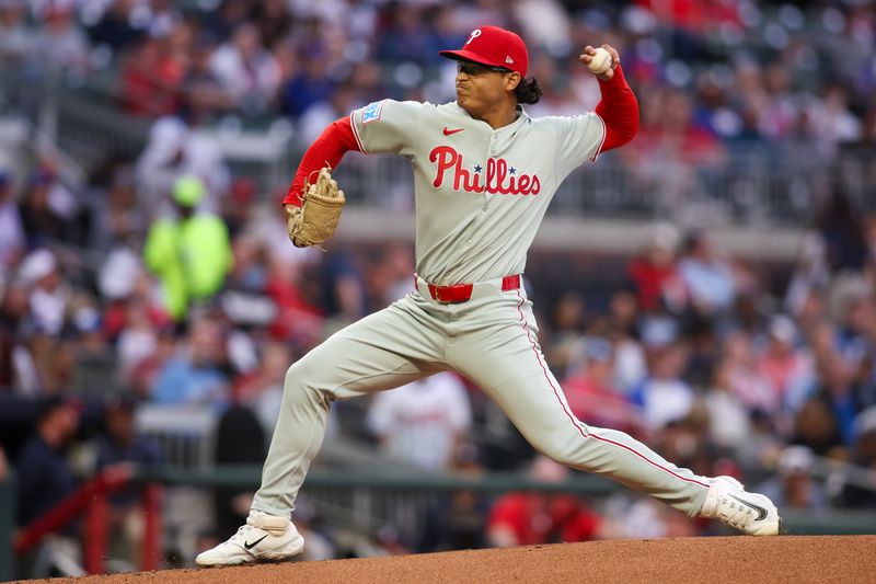 Apr 10, 2025; Atlanta, Georgia, USA; Philadelphia Phillies starting pitcher Jesus Luzardo (44) throws against the Atlanta Braves in the first inning at Truist Park. Mandatory Credit: Brett Davis-Imagn Images