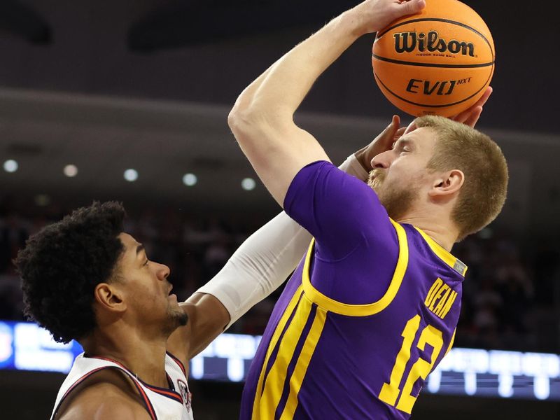 Jan 13, 2024; Auburn, Alabama, USA; LSU Tigers forward Hunter Dean (12) is fouled by Auburn Tigers center Dylan Cardwell (44) during the first half at Neville Arena. Mandatory Credit: John Reed-USA TODAY Sports