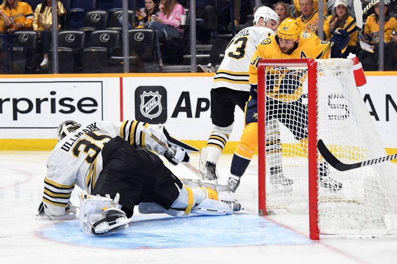 Apr 2, 2024; Nashville, Tennessee, USA; Boston Bruins goaltender Linus Ullmark (35) makes a save against Nashville Predators center Ryan O'Reilly (90) during the third period at Bridgestone Arena. Mandatory Credit: Christopher Hanewinckel-USA TODAY Sports