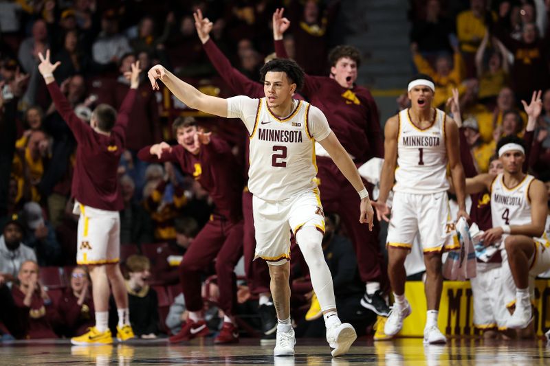 Jan 16, 2025; Minneapolis, Minnesota, USA; Minnesota Golden Gophers guard Mike Mitchell Jr. (2) celebrates hsi three-point basket against the Michigan Wolverines during overtime at Williams Arena. Mandatory Credit: Matt Krohn-Imagn Images