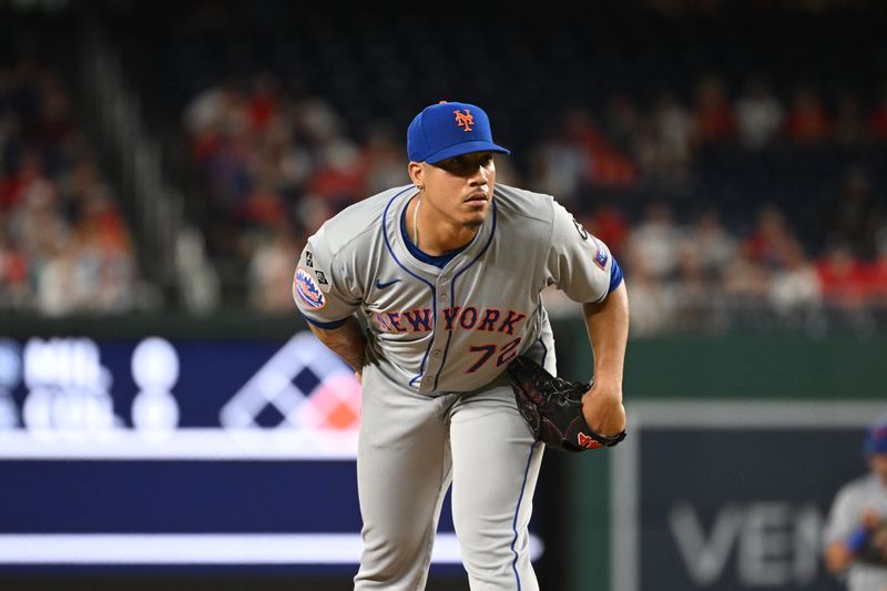 Jul 1, 2024; Washington, District of Columbia, USA; New York Mets relief pitcher Dedniel Nuñez (72) prepares to pitch against the Washington Nationals during the eighth inning at Nationals Park. Mandatory Credit: Rafael Suanes-USA TODAY Sports