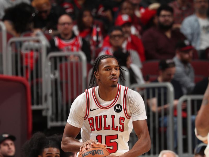 CHICAGO, IL - NOVEMBER 4: Julian Phillips #15 of the Chicago Bulls handles the ball during the game against the Utah Jazz on NOVEMBER 4, 2024 at United Center in Chicago, Illinois. NOTE TO USER: User expressly acknowledges and agrees that, by downloading and or using this photograph, User is consenting to the terms and conditions of the Getty Images License Agreement. Mandatory Copyright Notice: Copyright 2024 NBAE (Photo by Gary Dineen/NBAE via Getty Images)