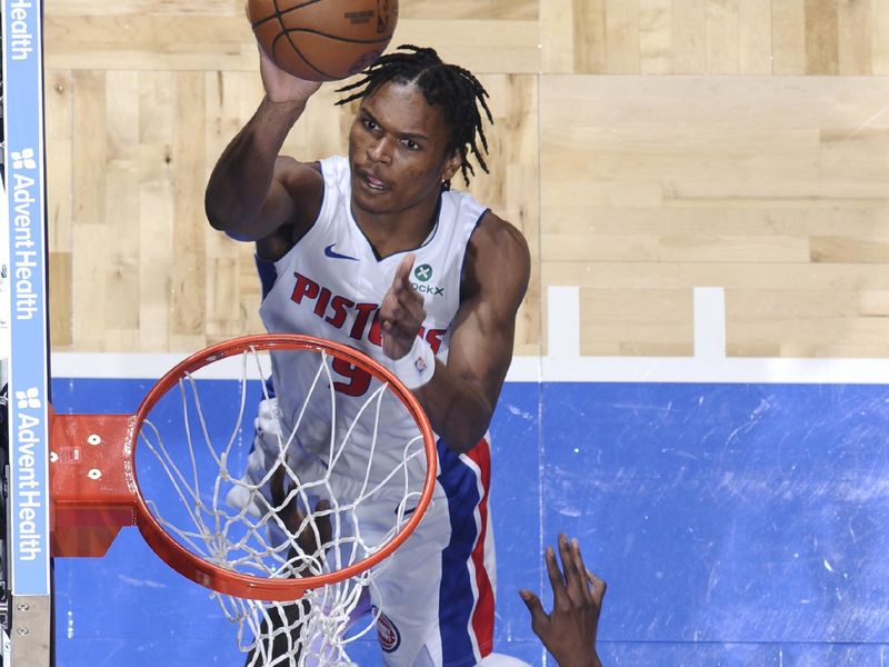 ORLANDO, FL - JANUARY 25: Ausar Thompson #9 of the Detroit Pistons shoots the ball during the game against the Orlando Magic on January 25, 2025 at Kia Center in Orlando, Florida. NOTE TO USER: User expressly acknowledges and agrees that, by downloading and or using this photograph, User is consenting to the terms and conditions of the Getty Images License Agreement. Mandatory Copyright Notice: Copyright 2025 NBAE (Photo by Fernando Medina/NBAE via Getty Images)