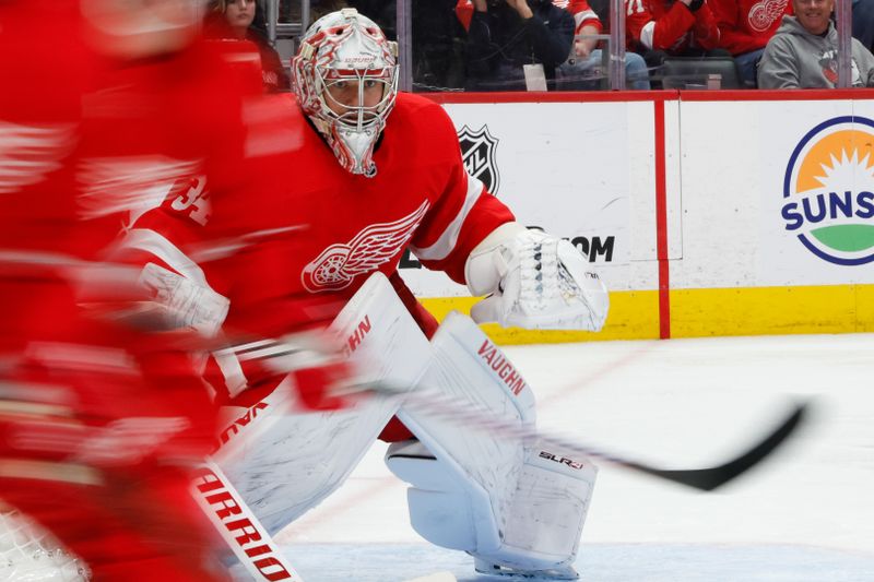 Feb 24, 2024; Detroit, Michigan, USA;  Detroit Red Wings goaltender Alex Lyon (34) tends the goal in the third period against the St. Louis Blues at Little Caesars Arena. Mandatory Credit: Rick Osentoski-USA TODAY Sports