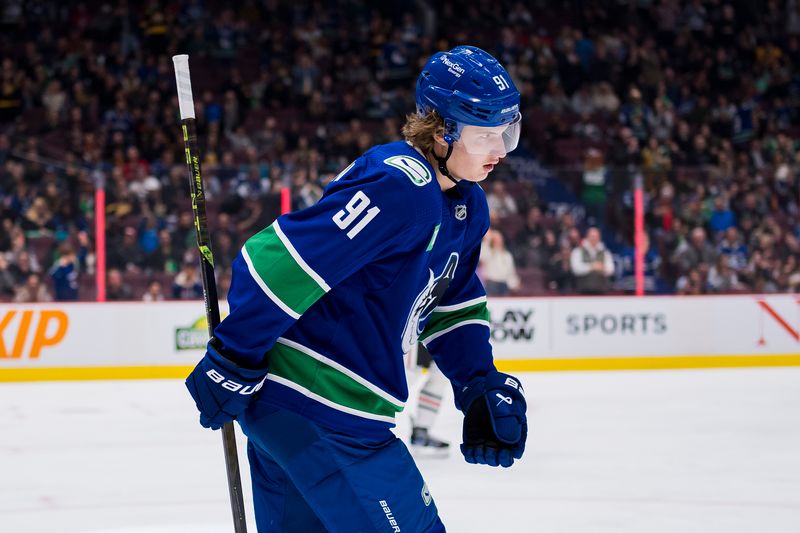 Apr 6, 2023; Vancouver, British Columbia, CAN; Vancouver Canucks forward Vitali Kravtsov (91) celebrates his goal against the Chicago Blackhawks in the second period at Rogers Arena. Mandatory Credit: Bob Frid-USA TODAY Sports