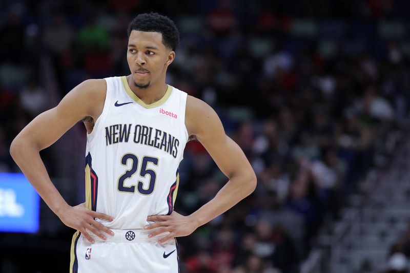 NEW ORLEANS, LOUISIANA - FEBRUARY 25: Trey Murphy III #25 of the New Orleans Pelicans reacts against the Chicago Bulls during the second half at the Smoothie King Center on February 25, 2024 in New Orleans, Louisiana. NOTE TO USER: User expressly acknowledges and agrees that, by downloading and or using this Photograph, user is consenting to the terms and conditions of the Getty Images License Agreement. (Photo by Jonathan Bachman/Getty Images)