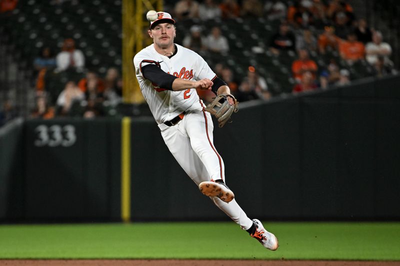 May 13, 2024; Baltimore, Maryland, USA; Baltimore Orioles shortstop Gunnar Henderson (2) throws to first base during the ninth inning against the Toronto Blue Jays  at Oriole Park at Camden Yards. Mandatory Credit: Tommy Gilligan-USA TODAY Sports