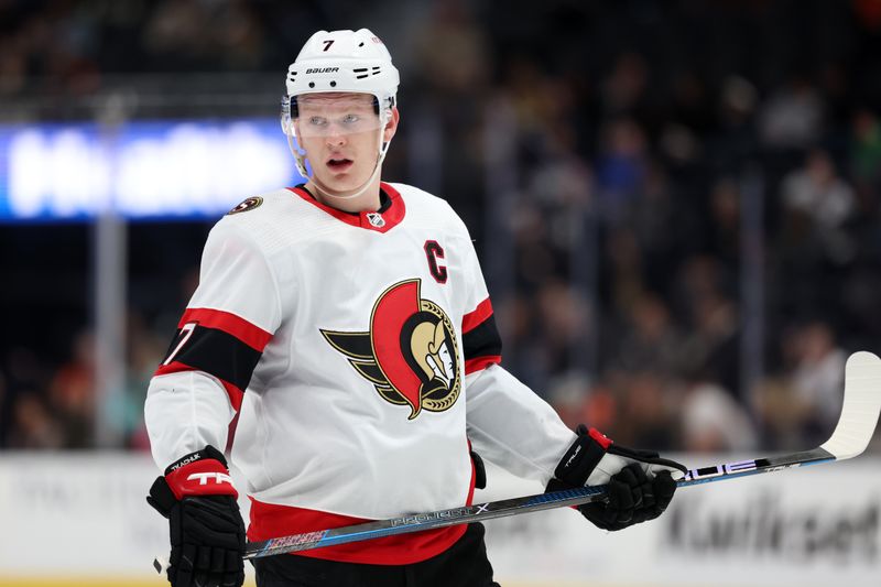 Mar 6, 2024; Anaheim, California, USA;  Ottawa Senators left wing Brady Tkachuk (7) waits for play to begin during the third period against the Anaheim Ducks at Honda Center. Mandatory Credit: Kiyoshi Mio-USA TODAY Sports