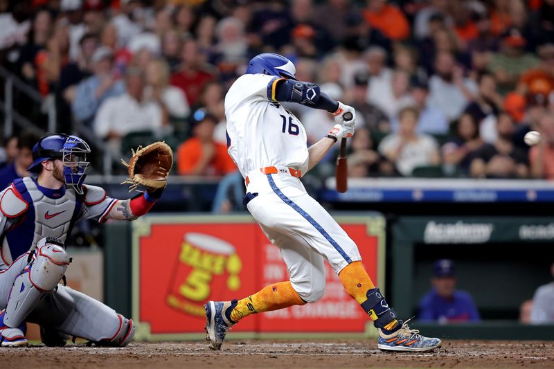 Sep 15, 2025; Houston, Texas, USA; Houston Astros right fielder Zach Cole (16) hits a two run home run to right field against the Texas Rangers during the fifth inning at Daikin Park. Mandatory Credit: Erik Williams-Imagn Images