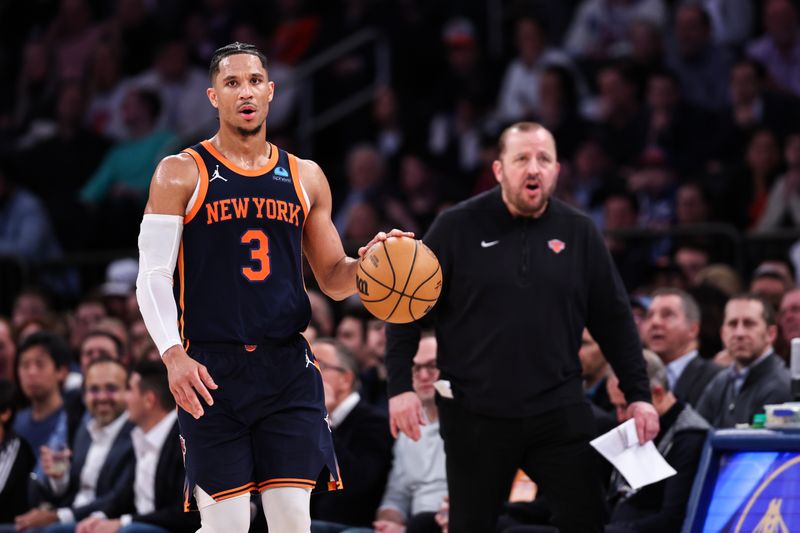 NEW YORK, NEW YORK - MARCH 12: Josh Hart #3 of the New York Knicks brings the ball up court during the third quarter against the Philadelphia 76ers at Madison Square Garden on March 12, 2024 in New York City. NOTE TO USER: User expressly acknowledges and agrees that, by downloading and or using this photograph, User is consenting to the terms and conditions of the Getty Images License Agreement. (Photo by Dustin Satloff/Getty Images)