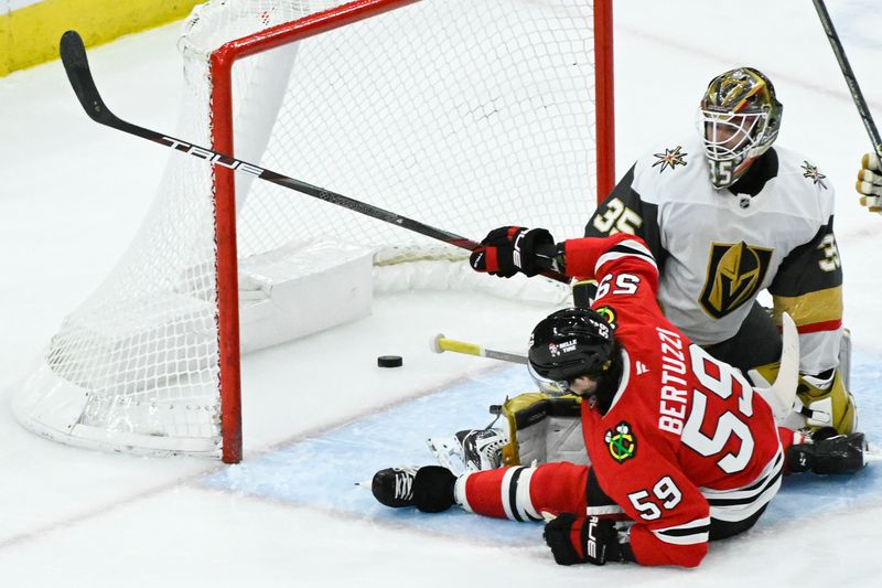 Jan 18, 2025; Chicago, Illinois, USA;  Chicago Blackhawks left wing Tyler Bertuzzi (59) scores past Vegas Golden Knights goaltender Ilya Samsonov (35) during the third period at United Center. Mandatory Credit: Matt Marton-Imagn Images