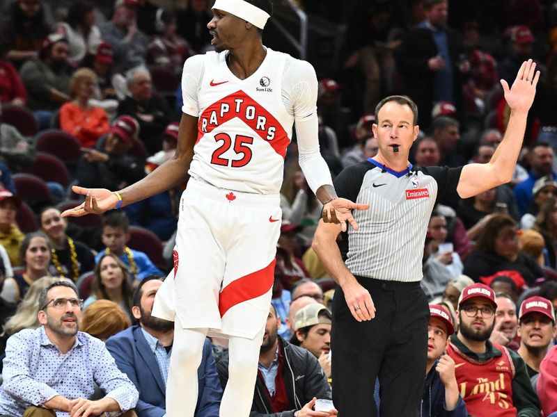 CLEVELAND, OHIO - JANUARY 09: Chris Boucher #25 of the Toronto Raptors reacts during the third quarter against the Cleveland Cavaliers at Rocket Mortgage Fieldhouse on January 09, 2025 in Cleveland, Ohio. The Cavaliers defeated the Raptors 132-126. NOTE TO USER: User expressly acknowledges and agrees that, by downloading and or using this photograph, User is consenting to the terms and conditions of the Getty Images License Agreement. (Photo by Jason Miller/Getty Images)