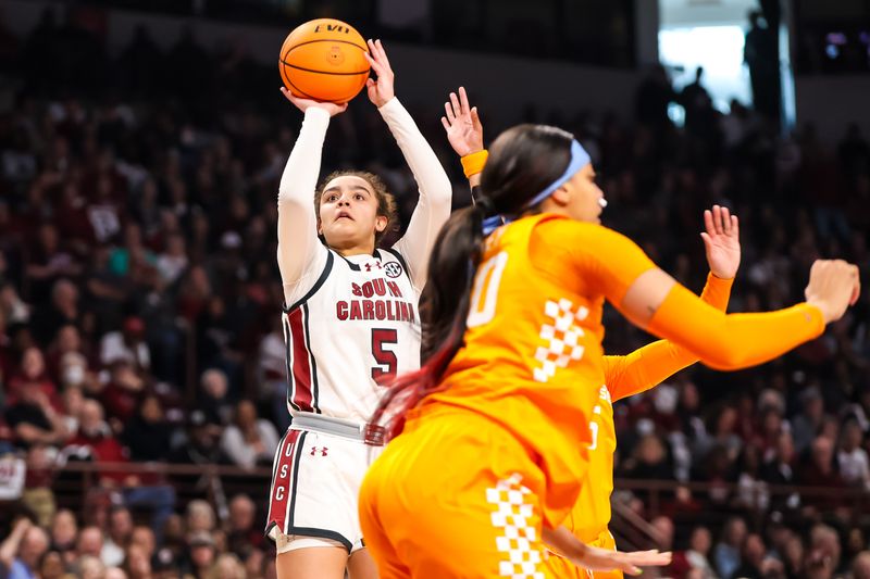 Mar 3, 2024; Columbia, South Carolina, USA; South Carolina Gamecocks guard Tessa Johnson (5) shoots against the Tennessee Lady Vols in the first half at Colonial Life Arena. Mandatory Credit: Jeff Blake-USA TODAY Sports