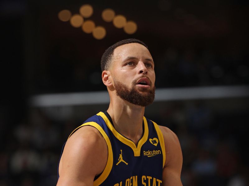 MEMPHIS, TN - FEBRUARY 2: Stephen Curry #30 of the Golden State Warriors shoots a free throw during the game against the Memphis Grizzlies on February 2, 2024 at FedExForum in Memphis, Tennessee. NOTE TO USER: User expressly acknowledges and agrees that, by downloading and or using this photograph, User is consenting to the terms and conditions of the Getty Images License Agreement. Mandatory Copyright Notice: Copyright 2024 NBAE (Photo by Joe Murphy/NBAE via Getty Images)