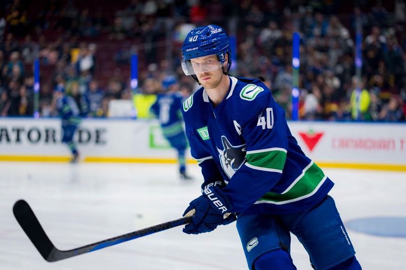 Mar 13, 2024; Vancouver, British Columbia, CAN; Vancouver Canucks forward Elias Pettersson (40) skates during warm up prior to a game against the Colorado Avalanche at Rogers Arena. Mandatory Credit: Bob Frid-USA TODAY Sports