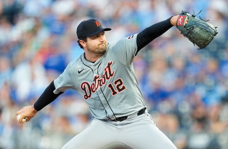 Sep 17, 2024; Kansas City, Missouri, USA; Detroit Tigers starting pitcher Casey Mize (12) pitches during the first inning against the Kansas City Royals at Kauffman Stadium. Mandatory Credit: Jay Biggerstaff-Imagn Images