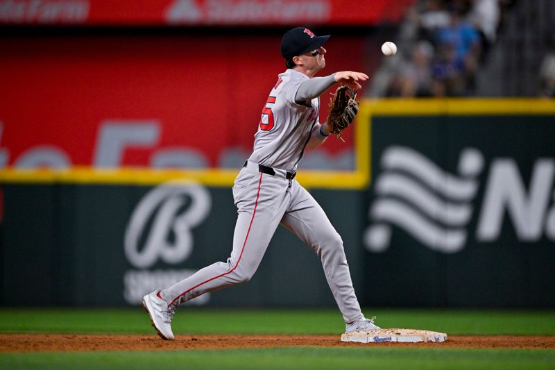 Aug 3, 2024; Arlington, Texas, USA;  Boston Red Sox shortstop Nick Sogard (75) throws to first base during the eighth inning against the Texas Rangers at Globe Life Field. Mandatory Credit: Jerome Miron-USA TODAY Sports