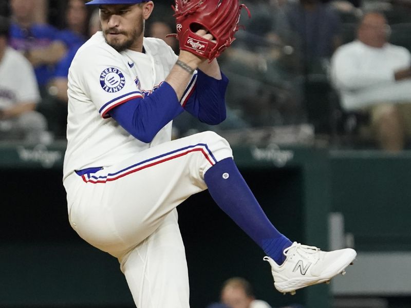 Apr 25, 2024; Arlington, Texas, USA; Texas Rangers pitcher Andrew Heaney (44) throws to the plate during the fourth inning against the Seattle Mariners at Globe Life Field. Mandatory Credit: Raymond Carlin III-USA TODAY Sports